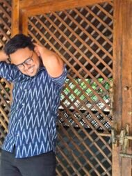 Neelamvar – Navy Blue Pochampally Ikat Half-Sleeve Shirt - Image 3