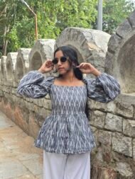 Asmi – Grey Pochampally Ikat Flared Top - Image 2