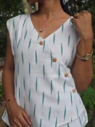 Nivriti – White & Dark Green Pochampally Ikat Sleeveless Top