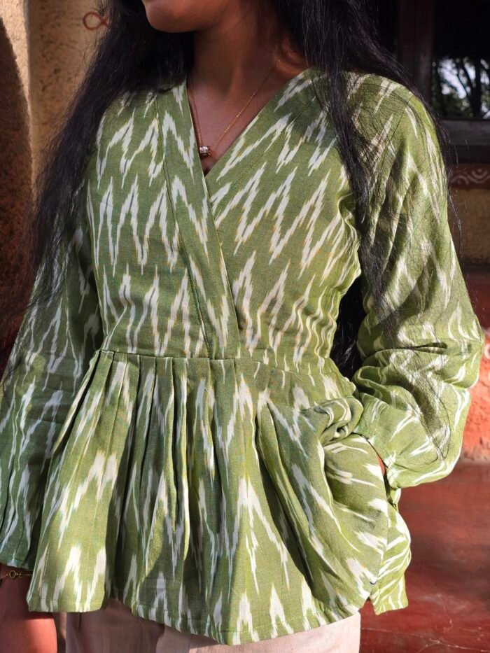 Taru – Light Green Pochampally Ikat Flared Top - Image 1