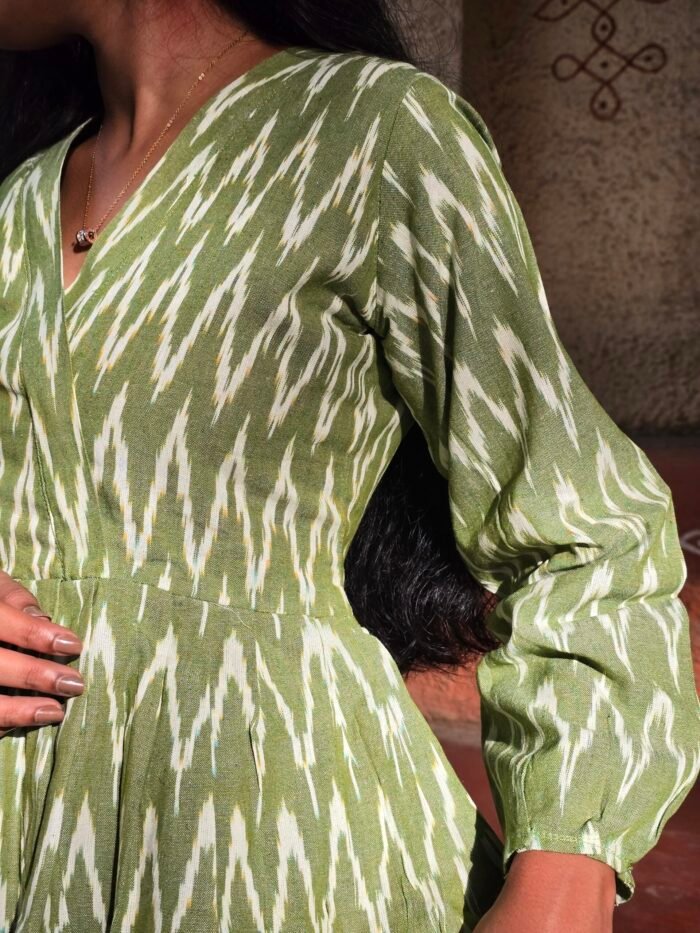 Taru – Light Green Pochampally Ikat Flared Top - Image 2