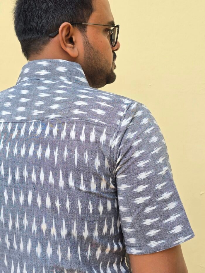 Dhuwan – Grey Pochampally Ikat Half-Sleeve Shirt - Image 3