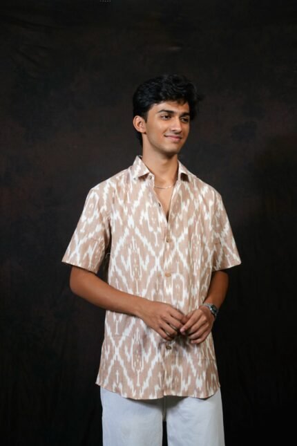 KORA - Dark cream Pochampally ikat half sleeve shirt