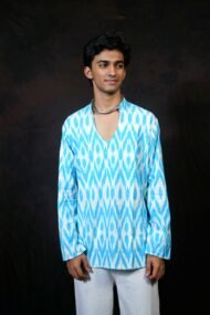 AAKASH- Light blue Pochampally ikat full sleeve short kurta - Image 2