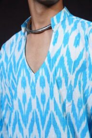AAKASH- Light blue Pochampally ikat full sleeve short kurta - Image 5
