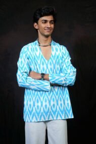 AAKASH- Light blue Pochampally ikat full sleeve short kurta - Image 3