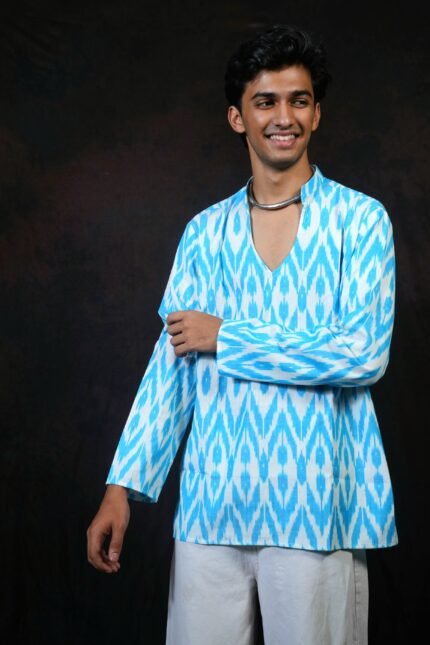 AAKASH- Light blue Pochampally ikat full sleeve short kurta