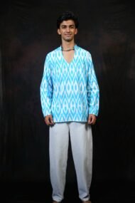 AAKASH- Light blue Pochampally ikat full sleeve short kurta - Image 4