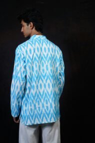 AAKASH- Light blue Pochampally ikat full sleeve short kurta - Image 6