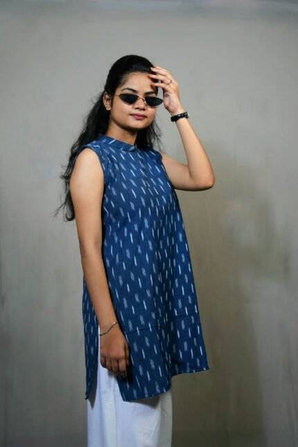 IRA- Blue colour Pochampally ikat sleeveless Kurti\top