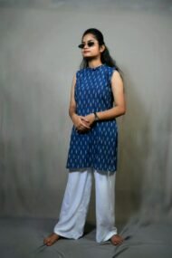 IRA- Blue colour Pochampally ikat sleeveless Kurti\top - Image 3