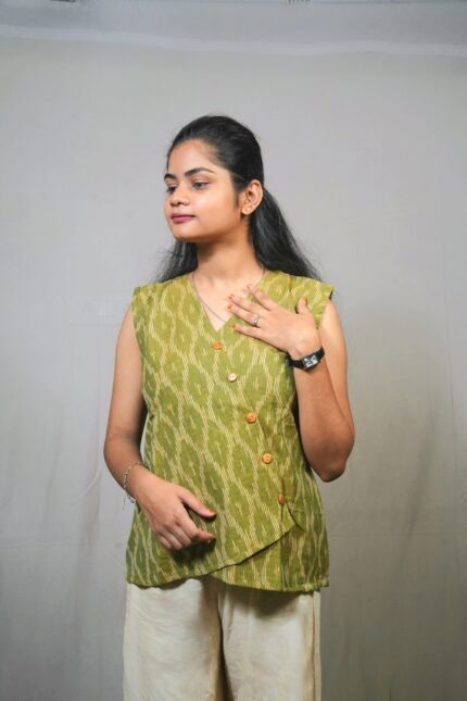 NIVRITI 2.0 - Green & yellow Pochampally ikat sleeveless top