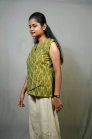 NIVRITI 2.0 - Green & yellow Pochampally ikat sleeveless top - Image 2