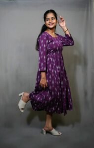 TARA - purple colours 3/4 sleeve Pochampally frock - Image 6