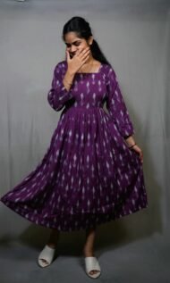 TARA - purple colours 3/4 sleeve Pochampally frock - Image 3