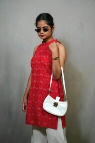 RIYA SET- Cherry red Kurti and light cream plazo pant Pochampally ikat sleeveless set - Image 5
