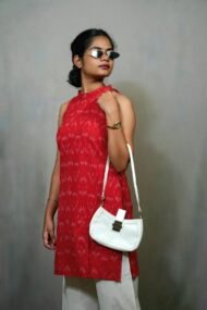 RIYA SET- Cherry red Kurti and light cream plazo pant Pochampally ikat sleeveless set - Image 2