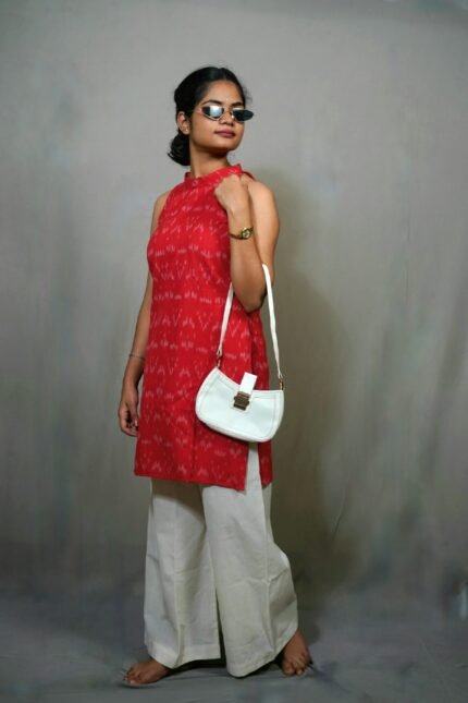RIYA SET- Cherry red Kurti and light cream plazo pant Pochampally ikat sleeveless set