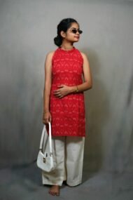 RIYA SET- Cherry red Kurti and light cream plazo pant Pochampally ikat sleeveless set - Image 3