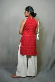 RIYA SET- Cherry red Kurti and light cream plazo pant Pochampally ikat sleeveless set - Image 4