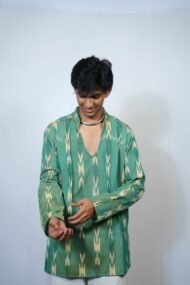 PALLAV - Green and yellow Pochampally ikat full sleeve short kurta - Image 2