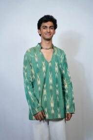 PALLAV - Green and yellow Pochampally ikat full sleeve short kurta - Image 3