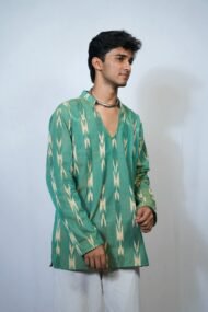PALLAV - Green and yellow Pochampally ikat full sleeve short kurta