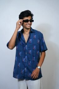 TATVA- Navy blue Pochampally ikat half sleeve shirt - Image 3