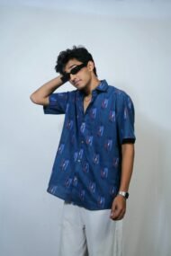 TATVA- Navy blue Pochampally ikat half sleeve shirt